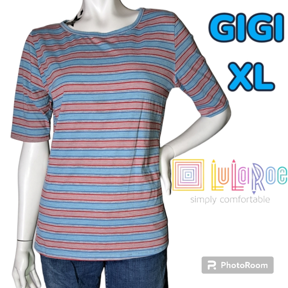 LULAROE "GiGi" Red Blue Gray Striped Fitted Super Comfy Tee Shirt Size 16 18